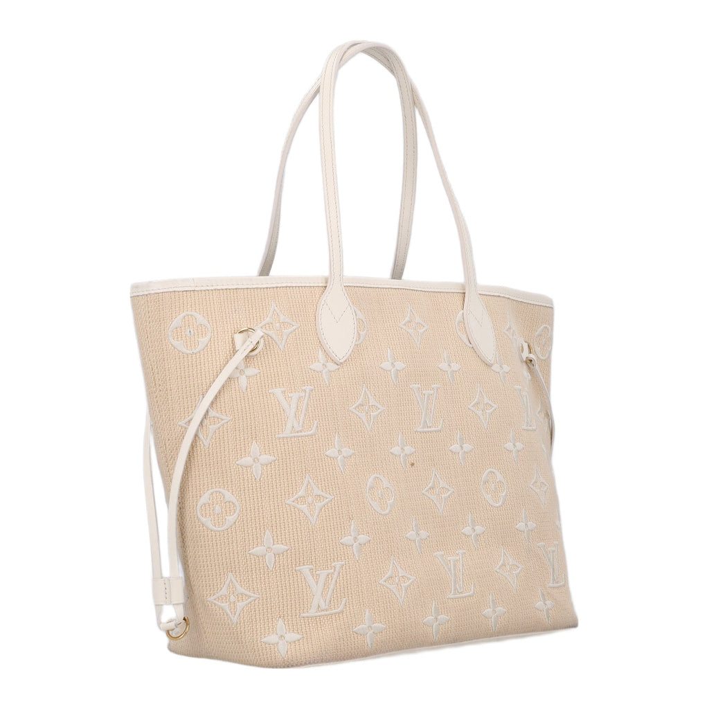Cotton Monogram Embroidered Neverfull MM Beige White