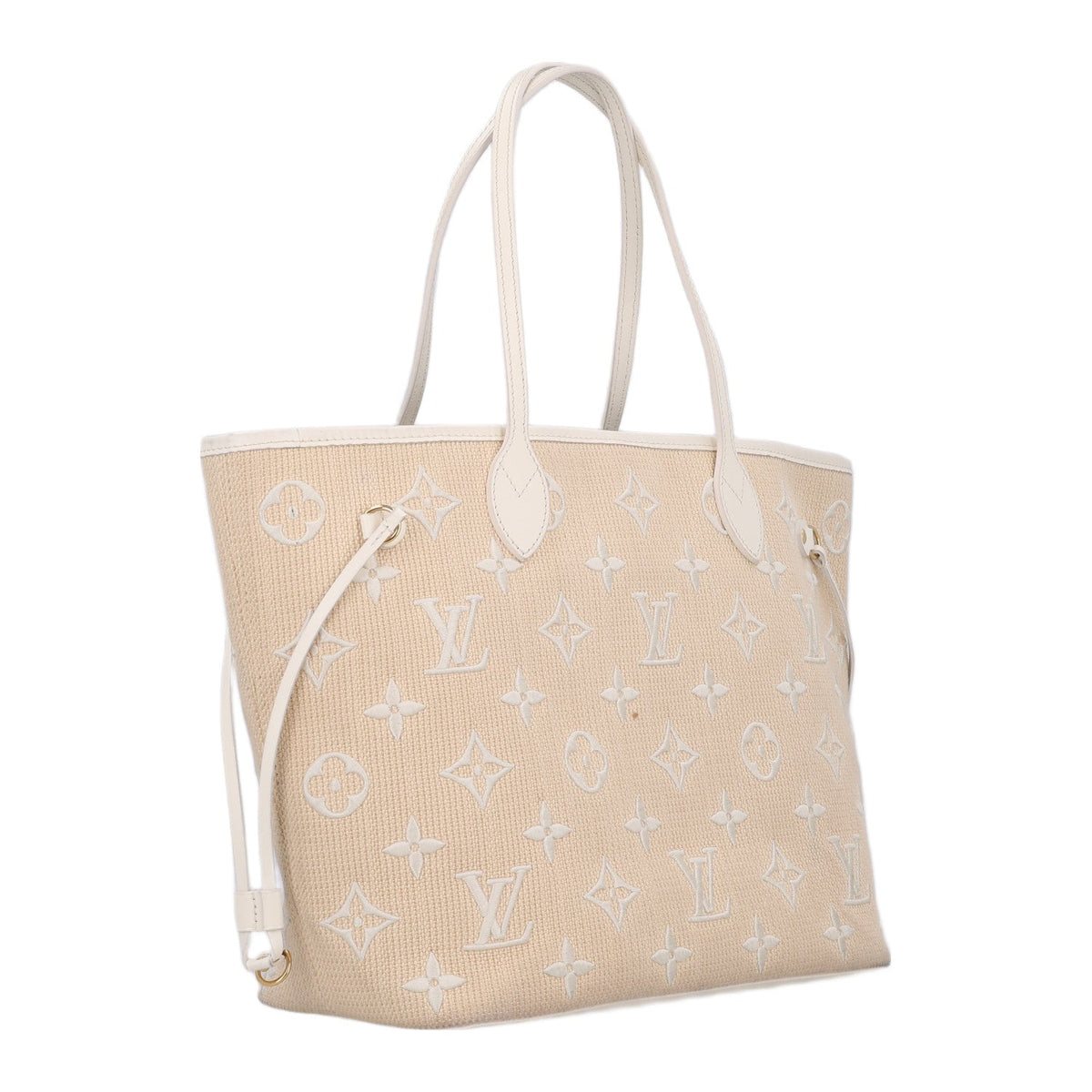 Cotton Monogram Embroidered Neverfull MM Beige White