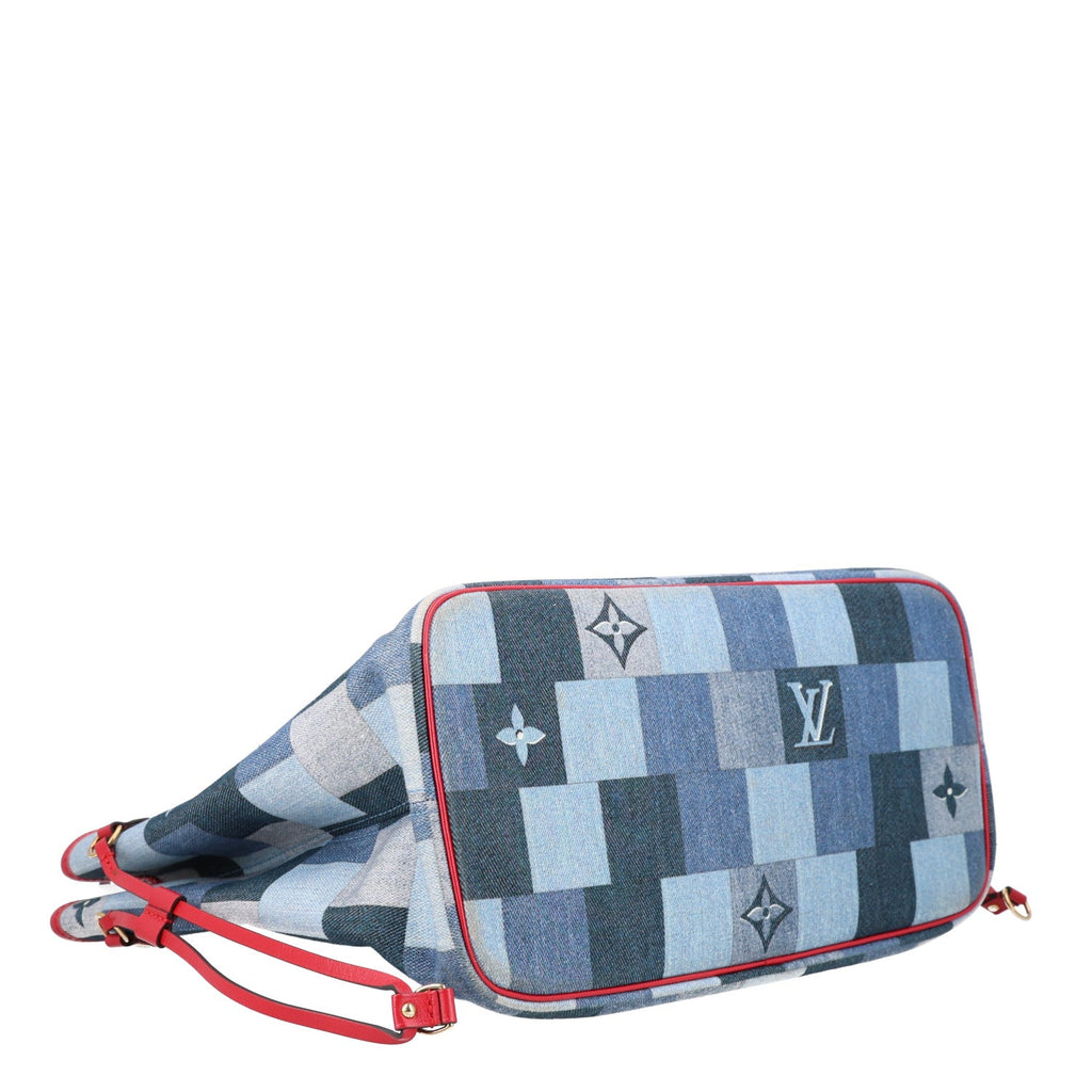 Denim Damier Monogram Patchwork Neverfull Blue Rouge