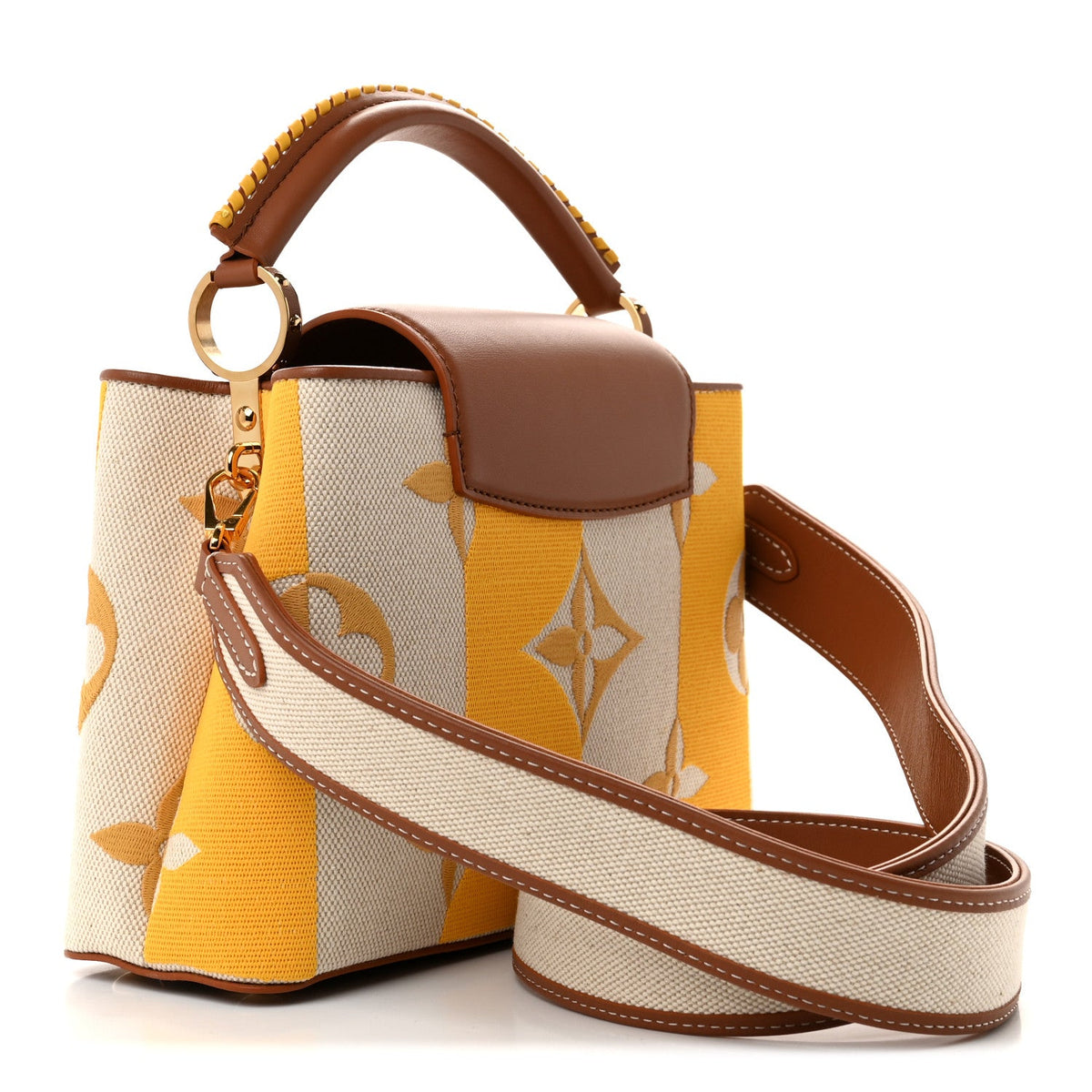 Canvas Calfskin Embroidered Braided Monogram Capucines BB Ecru Jaune