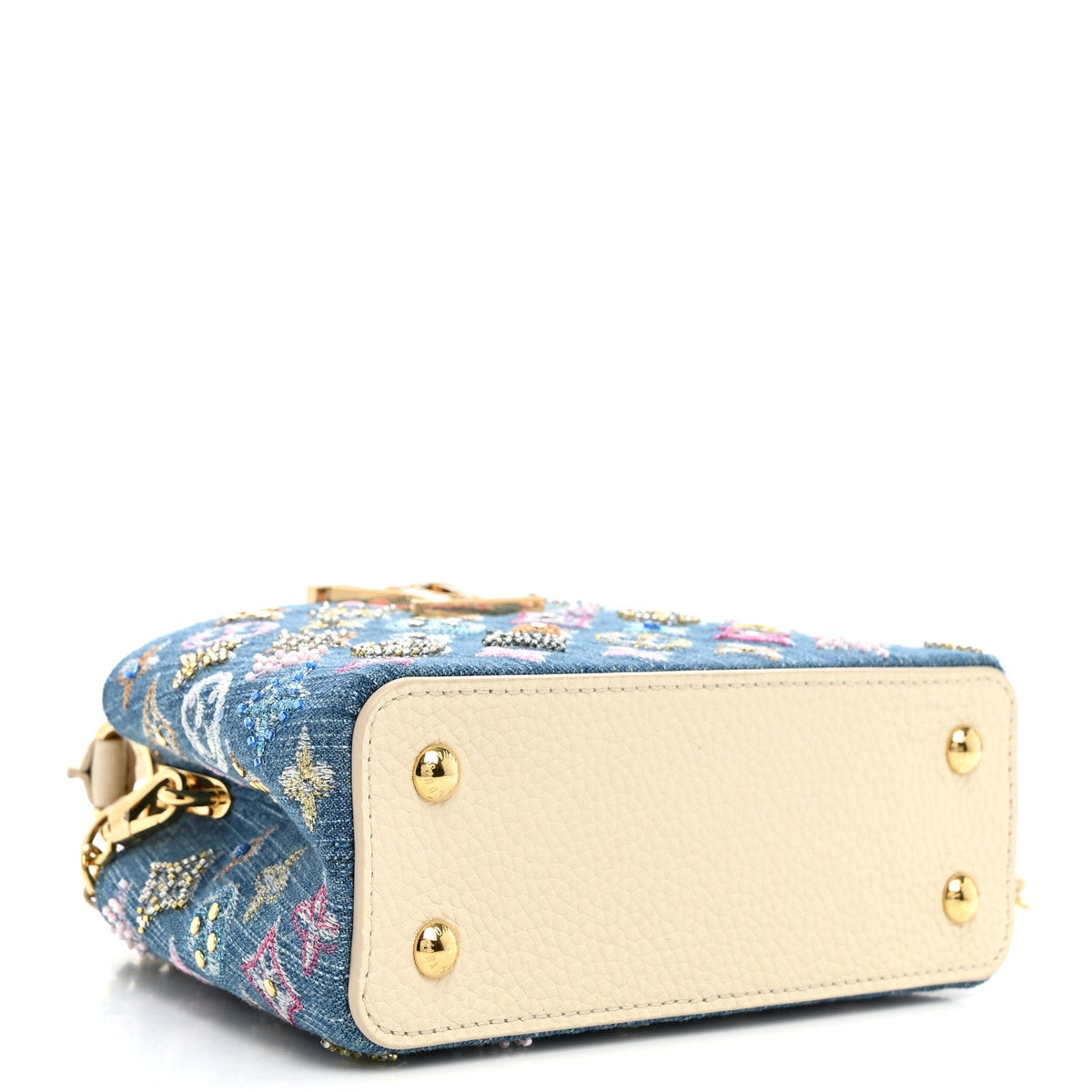 Denim Lurex Beaded Calfskin Capucines Mini Blue Cream