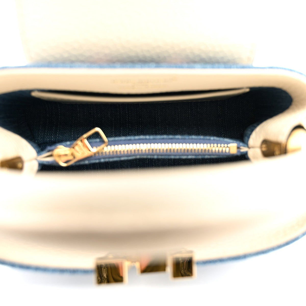 Denim Lurex Beaded Calfskin Capucines Mini Blue Cream
