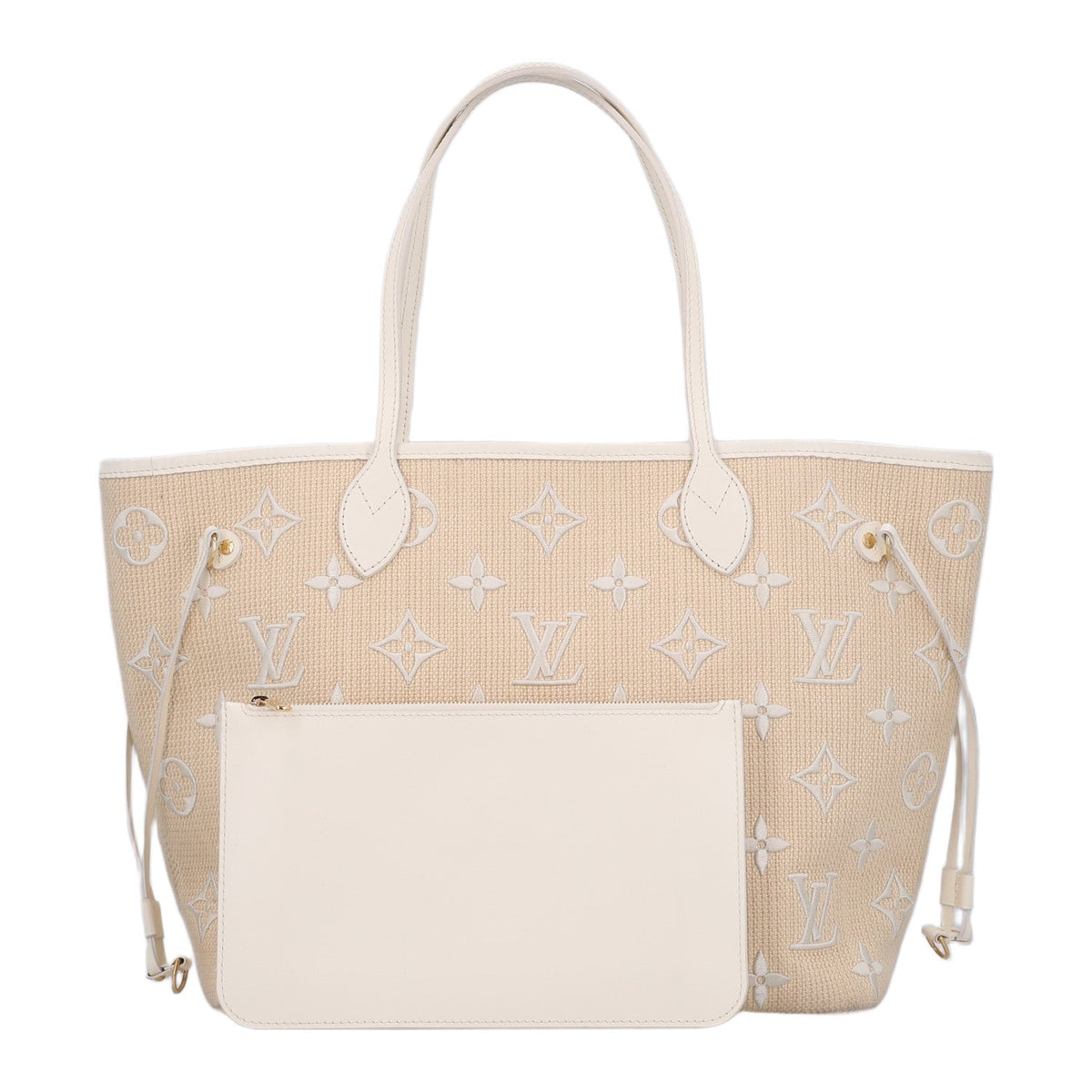 Cotton Monogram Embroidered Neverfull MM Beige White