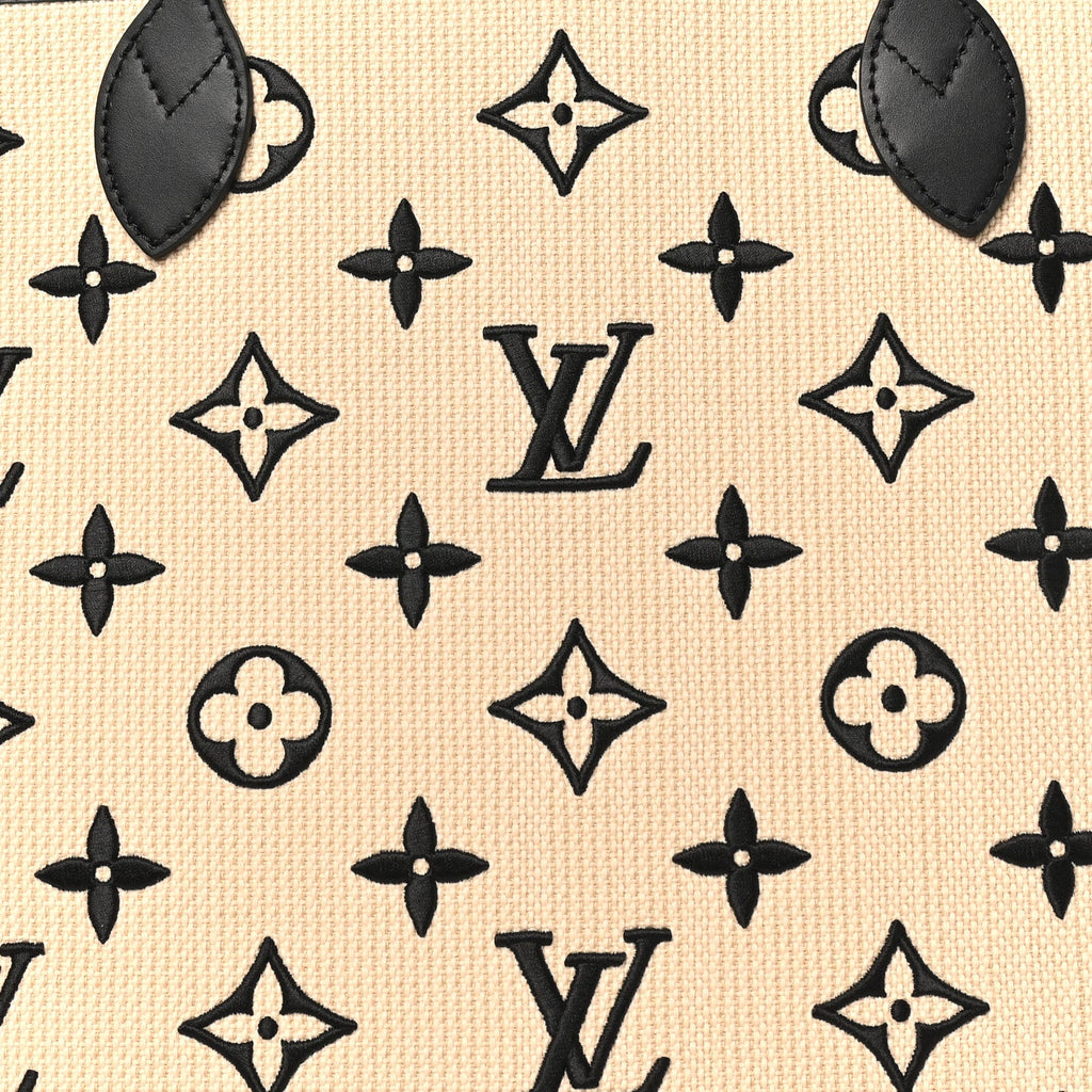 Cotton Monogram Embroidered Neverfull MM Beige Black