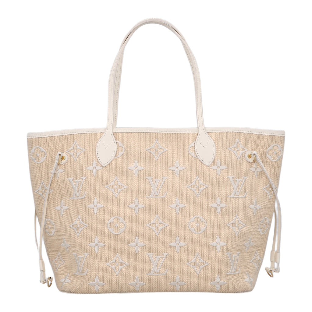 Cotton Monogram Embroidered Neverfull MM Beige White
