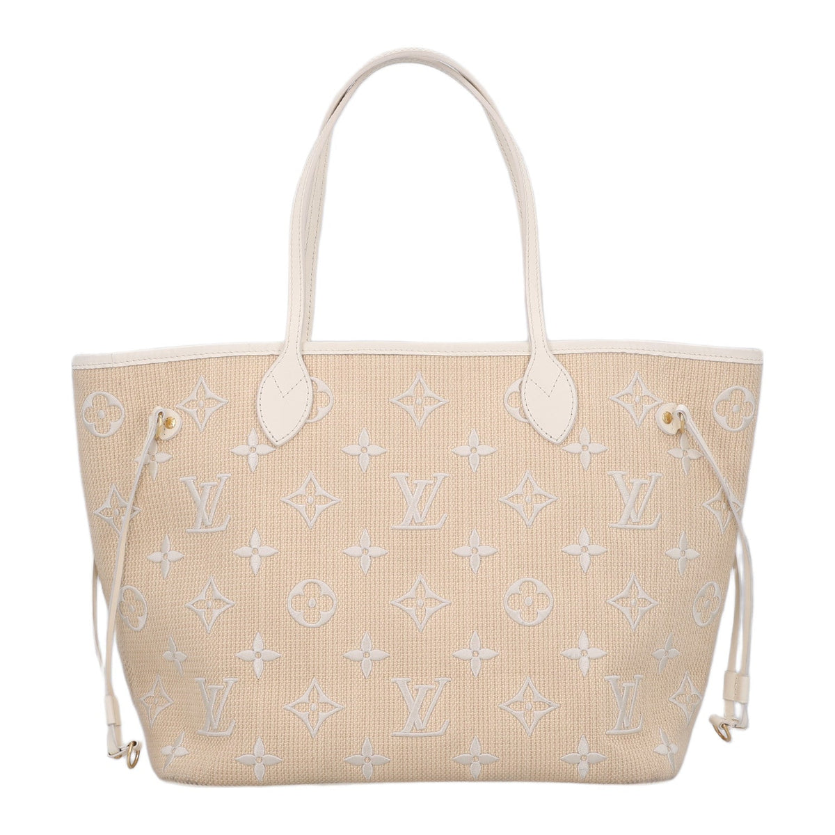 Cotton Monogram Embroidered Neverfull MM Beige White