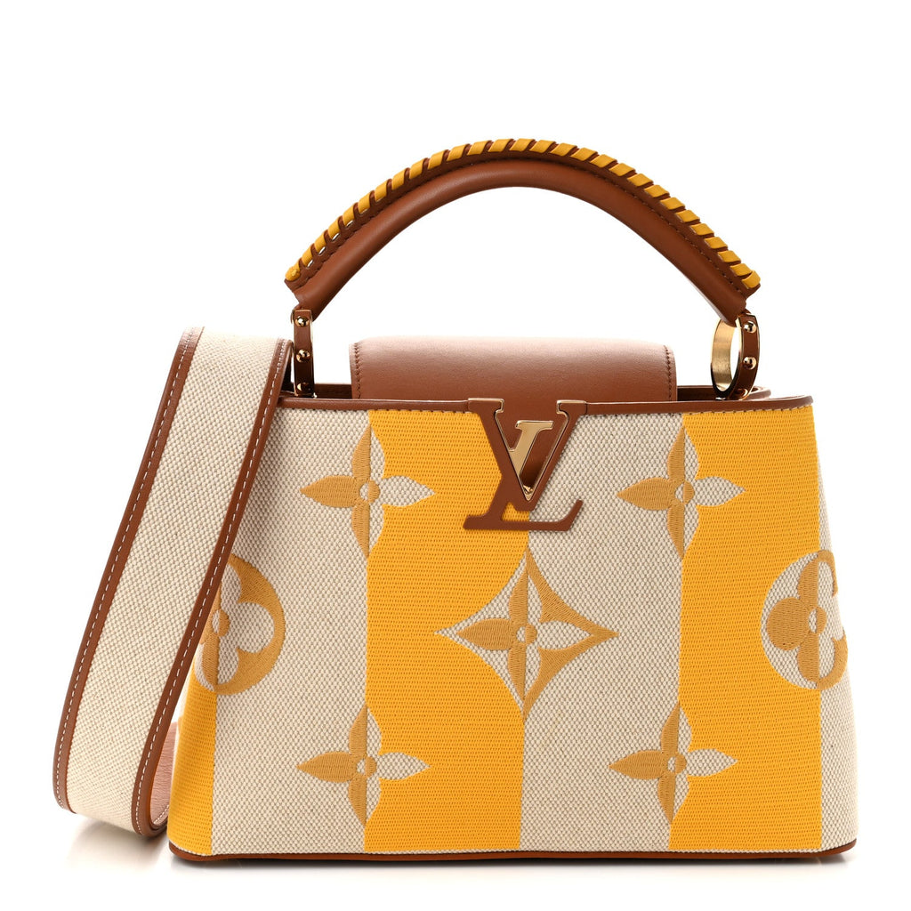 Canvas Calfskin Embroidered Braided Monogram Capucines BB Ecru Jaune