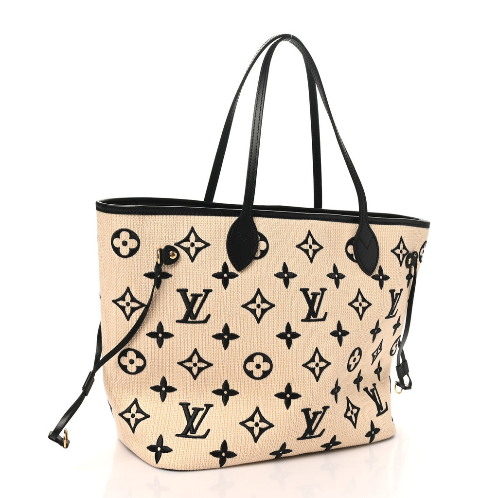 Cotton Monogram Embroidered Neverfull MM Beige Black