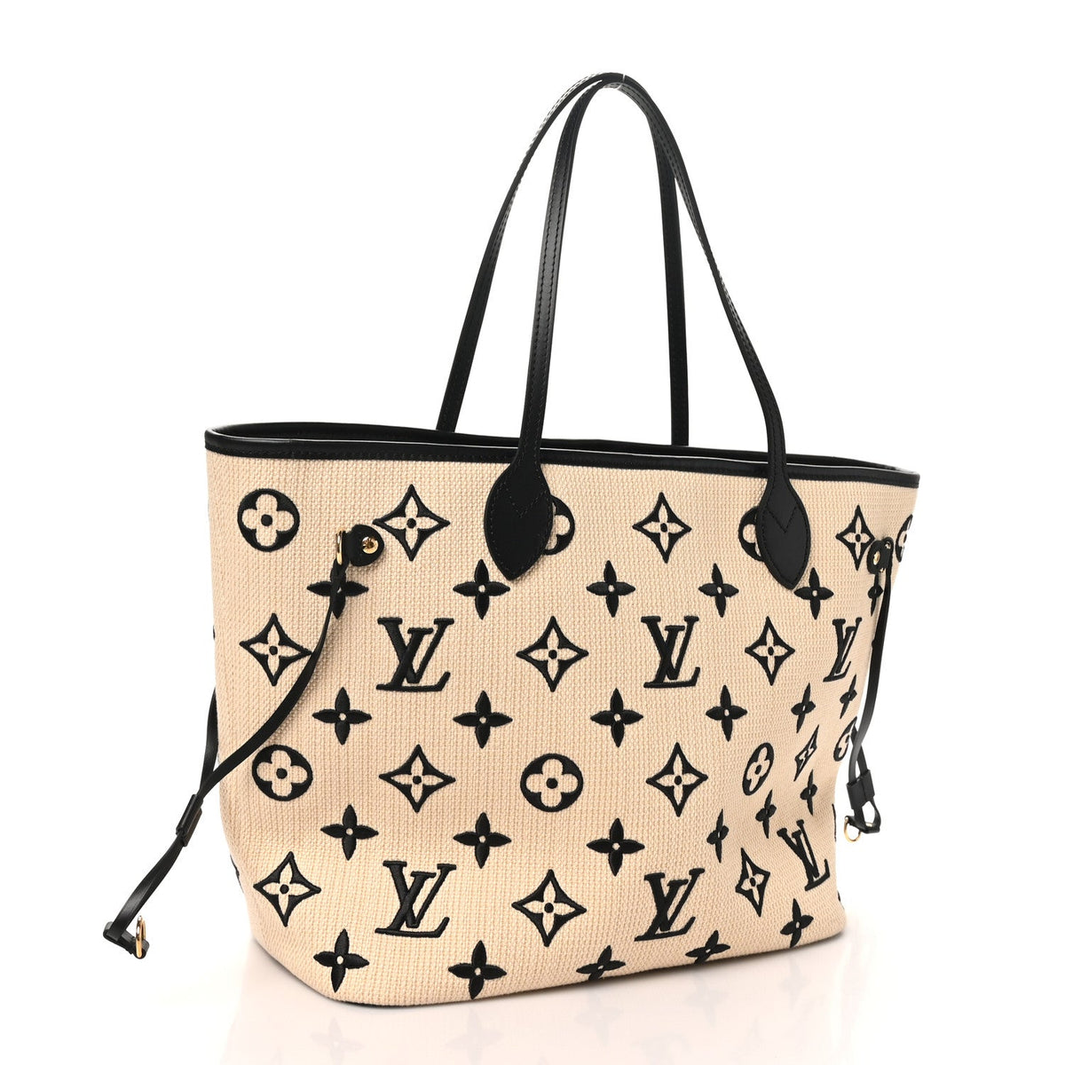 Cotton Monogram Embroidered Neverfull MM Beige Black