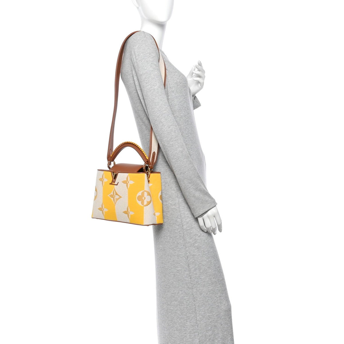 Canvas Calfskin Embroidered Braided Monogram Capucines BB Ecru Jaune